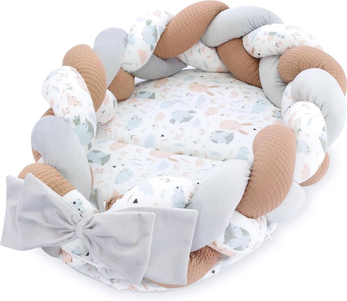 Pasgeboren babynest 75 x 45 cm - knuffelnest met gevlochten kussen - inklapbare set - tweezijdig babynest - Velvet Eulen — afbeelding 1