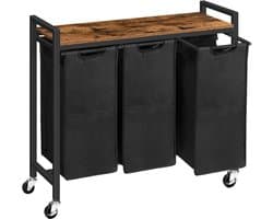 Mila Shop Wasmand - Wasmand 3 vakken - Met boven plank - Op wielen - 84x33x74cm - Zwart/bruin