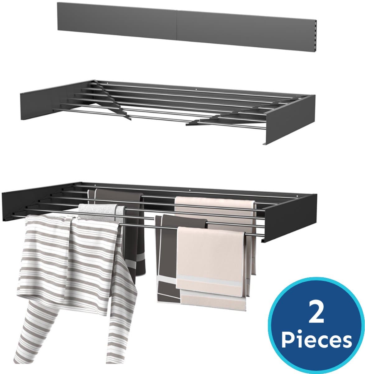 Wasophoogte® Wanddroogrek - Wandmontage Droogrek - Inklapbaar Droogrek - Muurdroogrek - Wasrek hangend - 100cm - 6m Drooglengte - Zwart - 2 STUKS — afbeelding 1