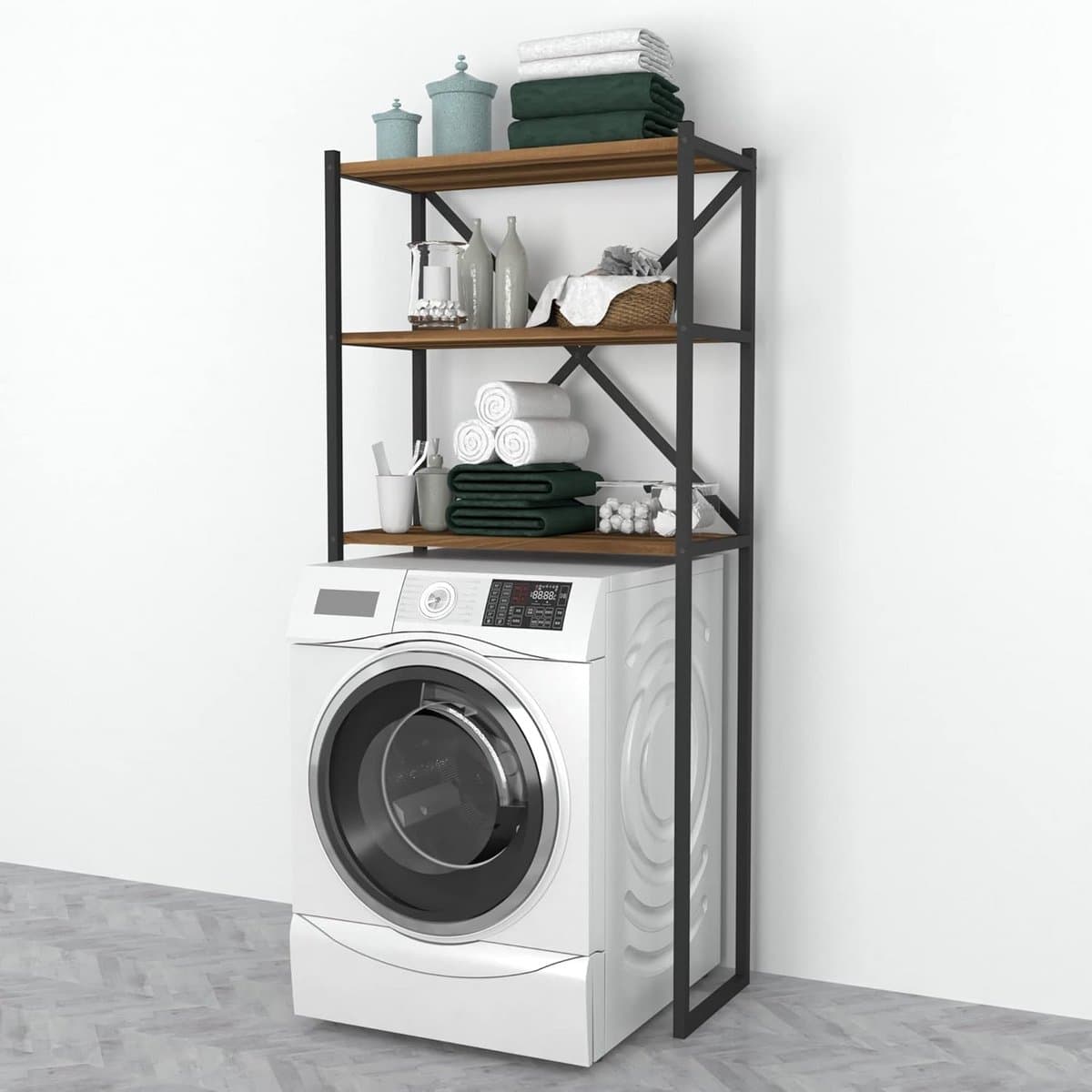 Ombouwkast voor wasmachine 160x66x34 cm met zwarte en walnootkleurige afwerking — afbeelding 1