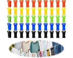 50 stuks - Was- en sokkenclips - Antislip kledingclips - Waslijnclips - Haken - Gekleurde clips - 5 kleuren - Zwart, rood, geel, blauw, groen - 2,8 cm - Gemakkelijk te organiseren - Tijdsbesparend