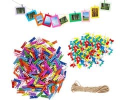 250 Mini Houten Knijpers Gekleurd met Jute Touw en Punaises voor Foto Klemmen en Knutselen