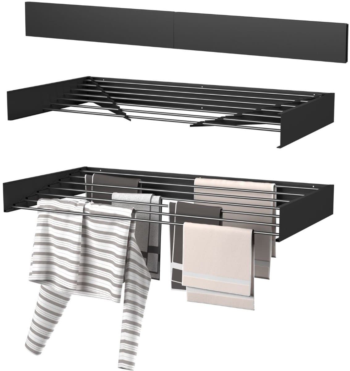 Wasophoogte® Wanddroogrek - Wandmontage Droogrek - Inklapbaar Droogrek - Muurdroogrek - Wasrek hangend - 120cm - 8,4m Drooglengte - Zwart — afbeelding 1