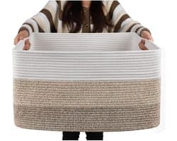 Extra grote mand van katoenen touw - Rechthoekige gevlochten manden - Opbergmand voor dekentjes in de kinderkamer of woonkamer - Speelgoedmand met handvat - 55 x 43 x 30 cm - Kaki