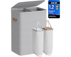 Furnstar Wasmand 170 l - Wasverzamelaar - 2 vakken - Wassorteerder - Lichte constructie met deksel en handgrepen - Uitneembare waszak 56 x 40 x 75 cm – Duifgrijs — afbeelding 1