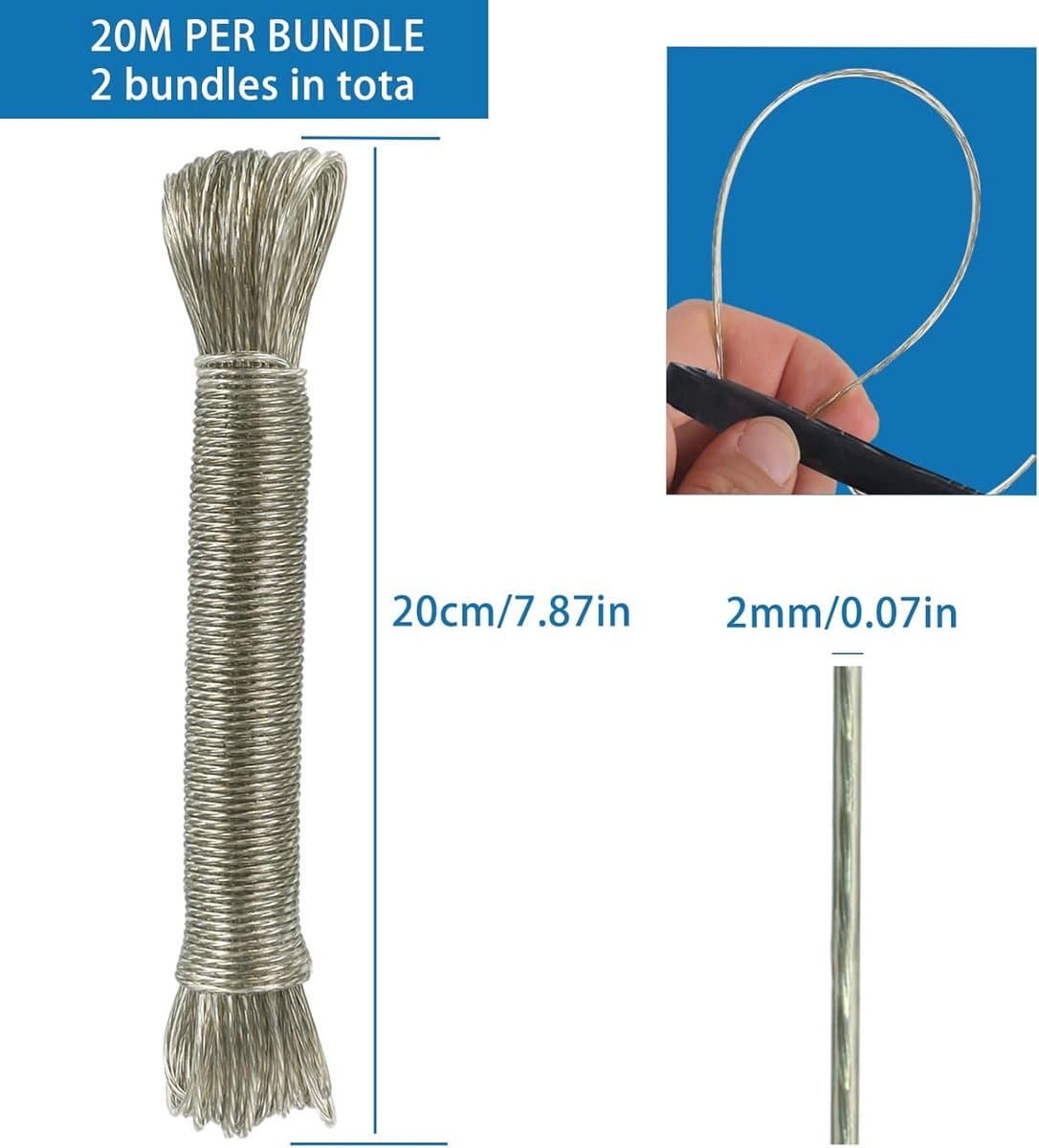 20 meter sterke waslijn voor wandmontage – 2 stuks, extra scheurvast en duurzaam — afbeelding 1
