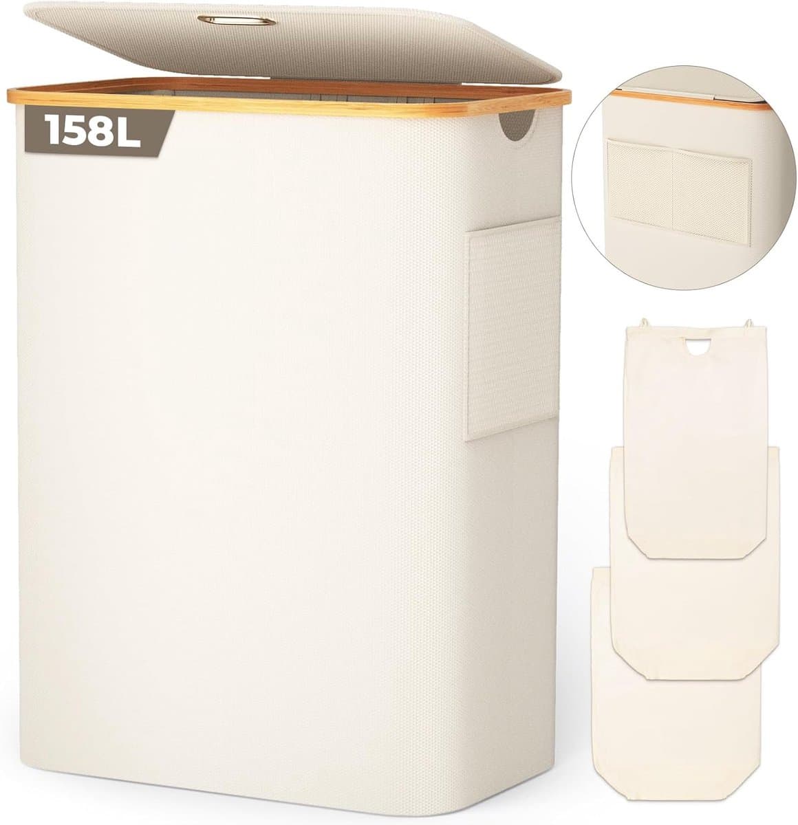 Wasmand met deksel, 3 vakken, 158 l, wasverzamelaar van 600D Oxford-weefsel met afneembare waszak, netvak op de achterkant, wasbox, wassorteerder, wasmand wasmand, beige — afbeelding 1