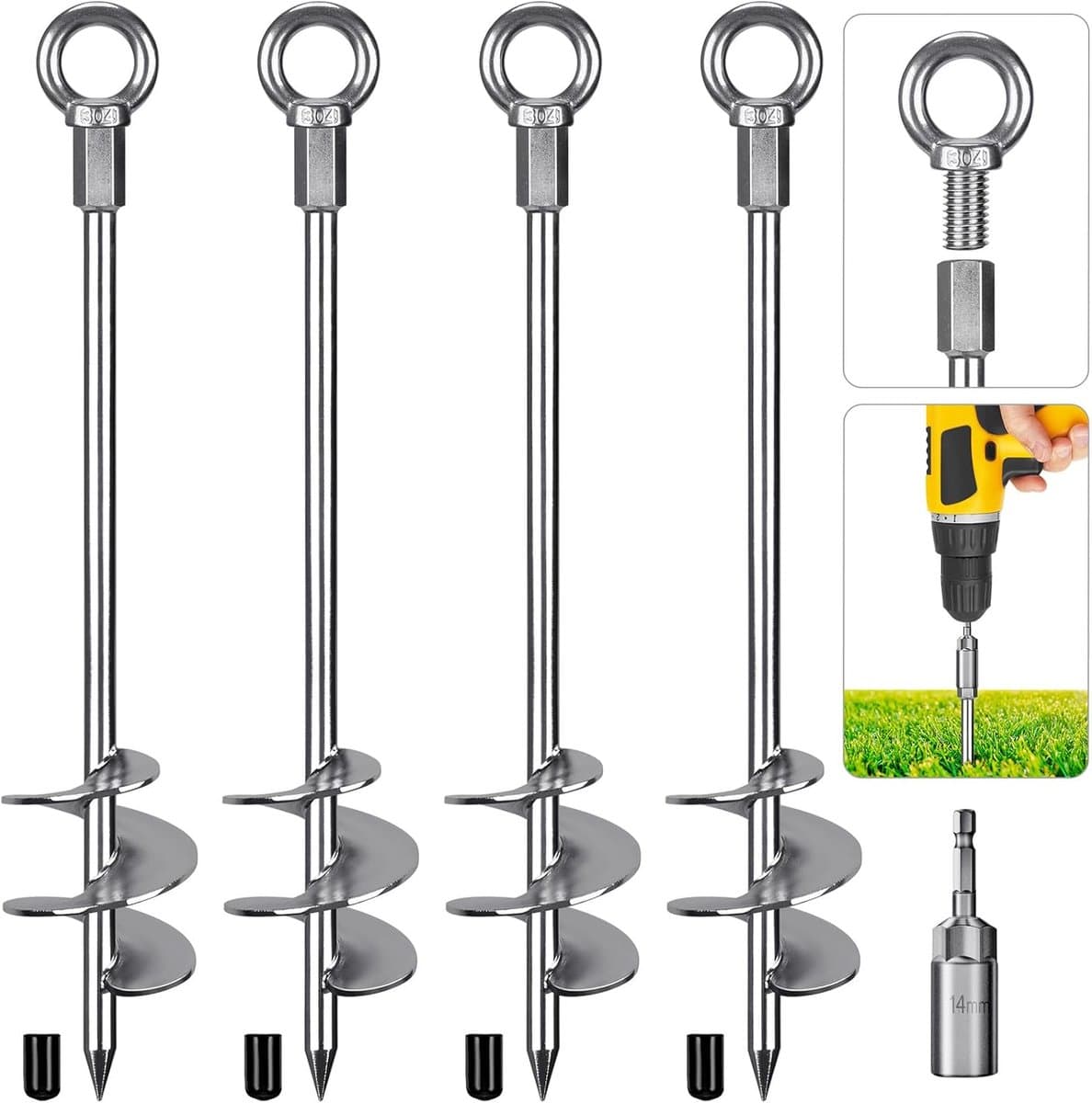 SnelShoppen - Dolibest Tentpinnen Heavy Duty 46cm Grondanker Schroef voor Trampoline, Camping, Swing, Tuinhuis, Hond, Carport, 4 Stuks — afbeelding 1