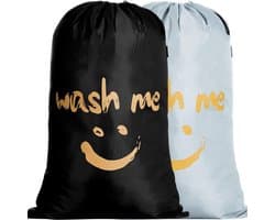 Set van 2 Waszakken met Trekkoord voor Reis en Thuis - Sterke RIP Stop Waszak met Smiley Design 66 x 96 cm Zwart/Zilver