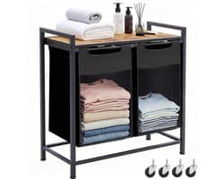 Dubbele Wasmand Naast Elkaar 92L – 2 Wasmanden Met Metalen Frame en Opbergplank 73×33×72 cm – Wasgoed Organizer