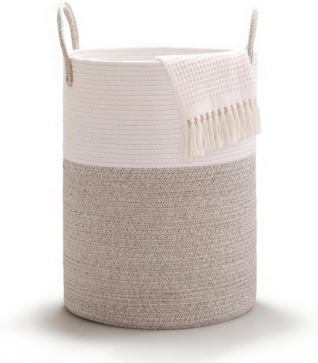 Gevlochten wasmand met handvat, ronde opbergmand voor dekens en speelgoed, 38 x 50 cm, ideaal voor woonkamer of wasruimte (wit-bruin) — afbeelding 1