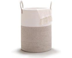 Gevlochten wasmand met handvat, ronde opbergmand voor dekens en speelgoed, 38 x 50 cm, ideaal voor woonkamer of wasruimte (wit-bruin)