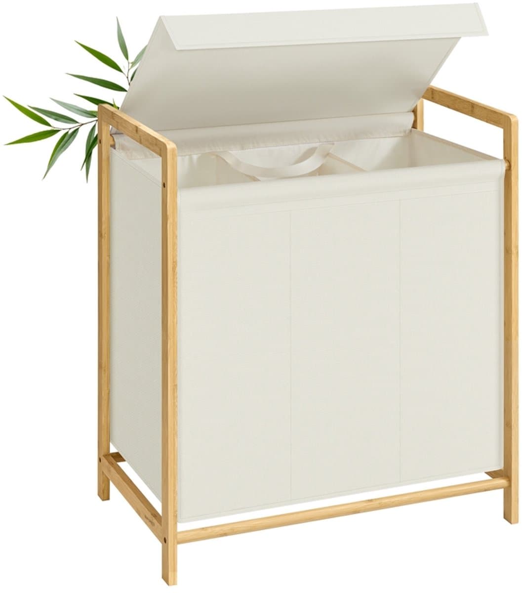 Wasmand – Bamboe frame – 2 compartimenten – Afneembaar deksel – 100 L – Crèmewit – 65 x 40 x 78 cm — afbeelding 1