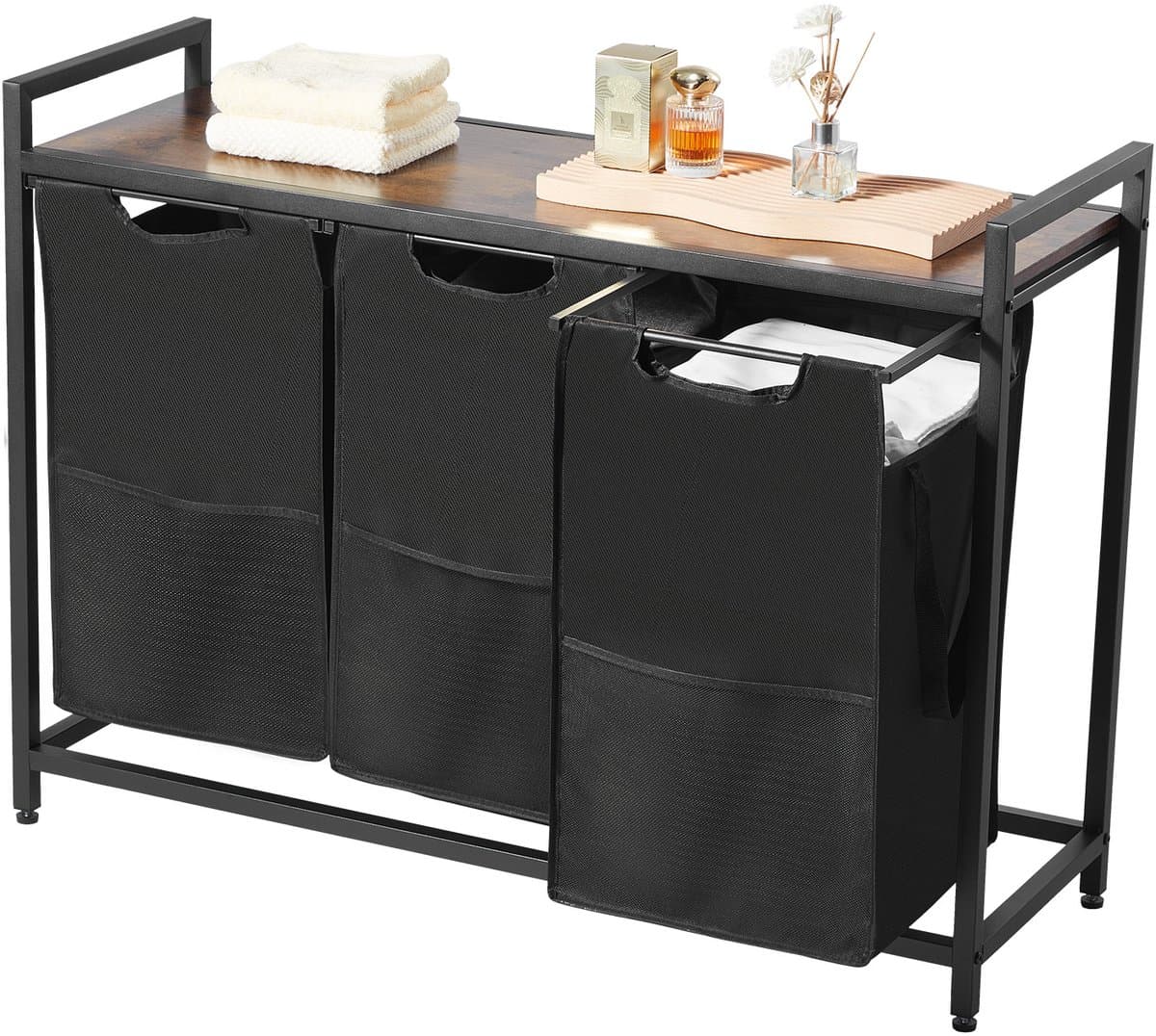 Wasmand van 3 Secties, met Metalen Frame en Houten Top, Grote Vrijstaande Mand met Uittrekbare 600D Oxford-Stoffenzakken voor Het Sorteren van Kleding, Ideaal voor Badkamer Of Wasruimte — afbeelding 1