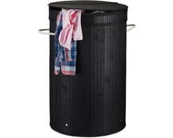 3x wasmand bamboe - ronde wasbox met deksel - 63 x 40 cm - 65 liter - zwart