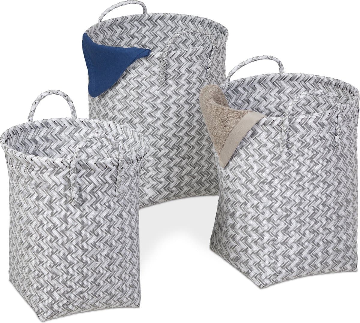 wasmand gevlochten - set van 3 - opbergmanden - 3 groottes - met hengels - wit-grijs — afbeelding 1