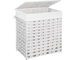 SONGMICS Handgeweven wasmand met deksel, wasmand in rotanstijl met uitneembare voeringzak, metalen frame, opbergmand, 45,5 x 32 x 51,5 cm, voor wasruimte, slaapkamer, badkamer, wit LCB050W01