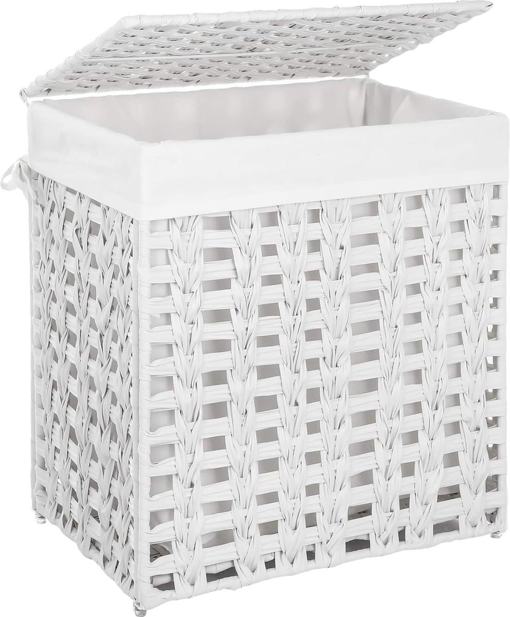 SONGMICS Handgeweven wasmand met deksel, wasmand in rotanstijl met uitneembare voeringzak, metalen frame, opbergmand, 45,5 x 32 x 51,5 cm, voor wasruimte, slaapkamer, badkamer, wit LCB050W01 — afbeelding 1