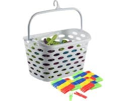 Plasticforte Wasknijpers ophang mandje/bakje - wit - met 72x plastic knijpers — afbeelding 1