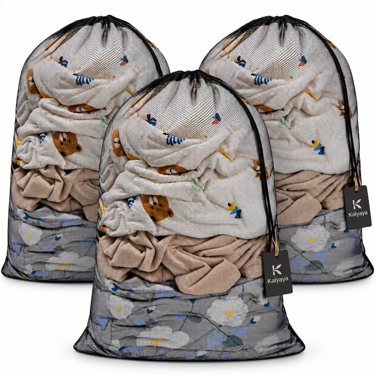 Kaiyaya - 3 stuks Waszak - Zwarte mesh waszak voor wasmachine 60x90 cm - Met trekkoord en sluitclip - Beschermt kleding tegen slijtage — afbeelding 1