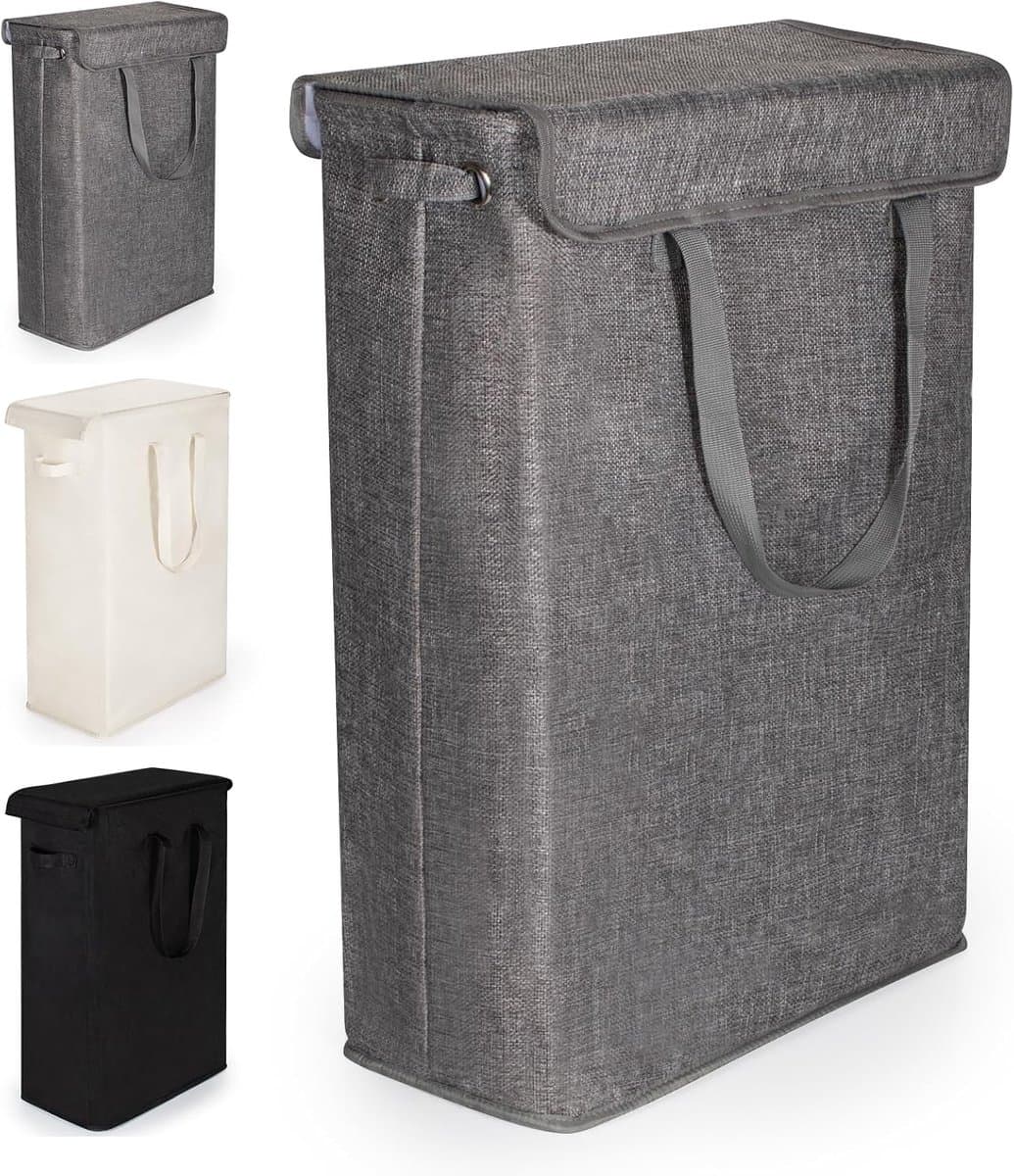 Wasmand met Deksel 46L Wasverzamelaar met Lange Handgreep Opvouwbare Dunne Wasmachine Multifunctioneel Opbergmand, Afneembare Deksel, Voor Wasruimte, Slaapkamer, Badkamer (Grijs) — afbeelding 1