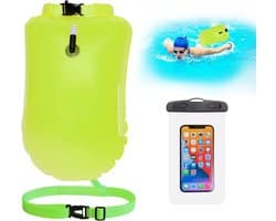 Vlotter Droog Zak, 20L Wild Swimming Float en Waterdichte Telefoonhoes,Opblaasbare Droge Tas,Voor Open Water Zwemmen Sport Kajakkers Triatleten Zwemmer Snorkelaars,Zwembel Zichtbaar (Geel)