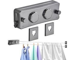 Uittrekbare waslijn - 2 x 5,1 m roestvrijstalen kabel - wandmontage - verstelbare klemknop - voor balkon, bijkeuken en slaapkamer