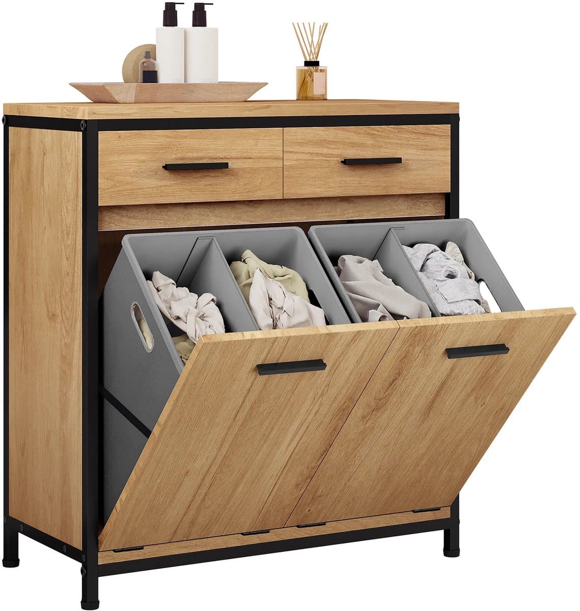 CINK & Co Badkamerkast met 2 wasmanden - Wasmandkast met 2 lades - Uitneembare waszakken - Licht eikenlook en zwart - 72,5 x 34 x 80 cm — afbeelding 1