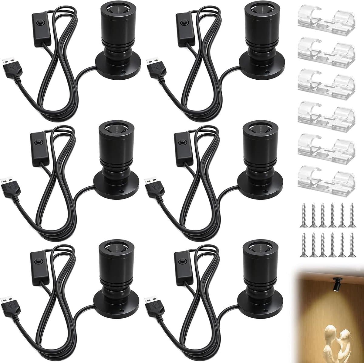 6 stuks mini-led-spots, 1 W, 360 graden draaibaar, voor binnen, kastverlichting, dimbare kleine accentverlichting, spotlight voor sieraden, hal, vitrinekasten (4000 K neutraal licht) — afbeelding 1