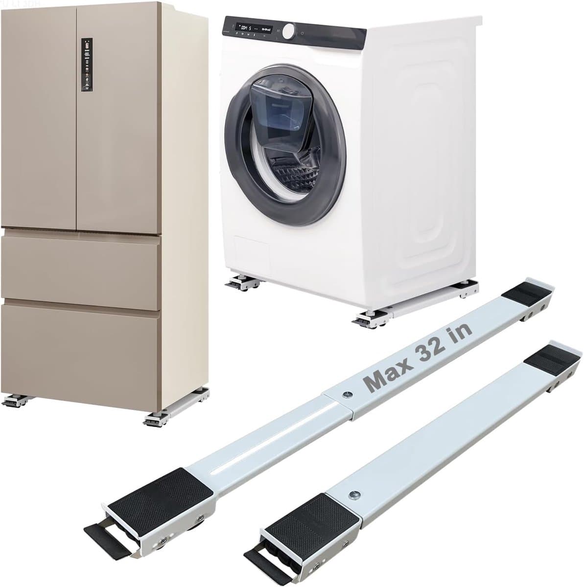 Rollers Heavy Duty, Max 32", Tweede generatie Uitschuifbare Apparaat Rollers Mobiele Wasmachine Base Gemakkelijk Verplaatsen Wasmachines, Drogers, Koelkasten, Meubels (Wit) — afbeelding 1