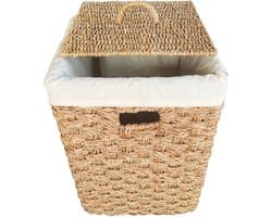 Vierkante wasmand met deksel – zeegras – 55 liter – met waszak – naturel