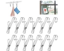 12 stuks - Ophangknijpers - Multifunctionele clips met haak - Wasknijpers - Duurzame veerclip - 10cm lang - voor handdoeken, papieren en wasgoed