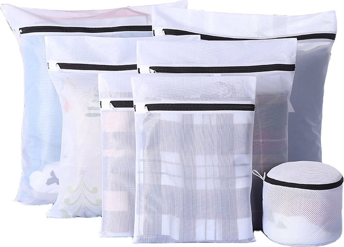 Scoby - Waszakken Set - Wasnetjes - BH Waszak - Lingeriezakken - Laundry Bag Set - 7 Delig - Wit met Zwarte Rits — afbeelding 1