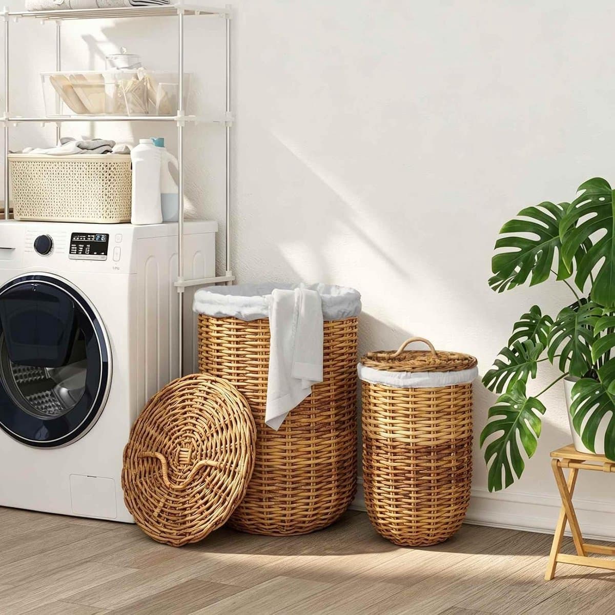 Wasmand met deksel set van 2 Kubu rotan wasmand bruin — afbeelding 1