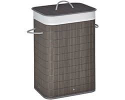 Wasmand met handvatten en wasbare waszak - rotan - polyester - katoen - metaal - 43L x 32B x 61H cm - grijs