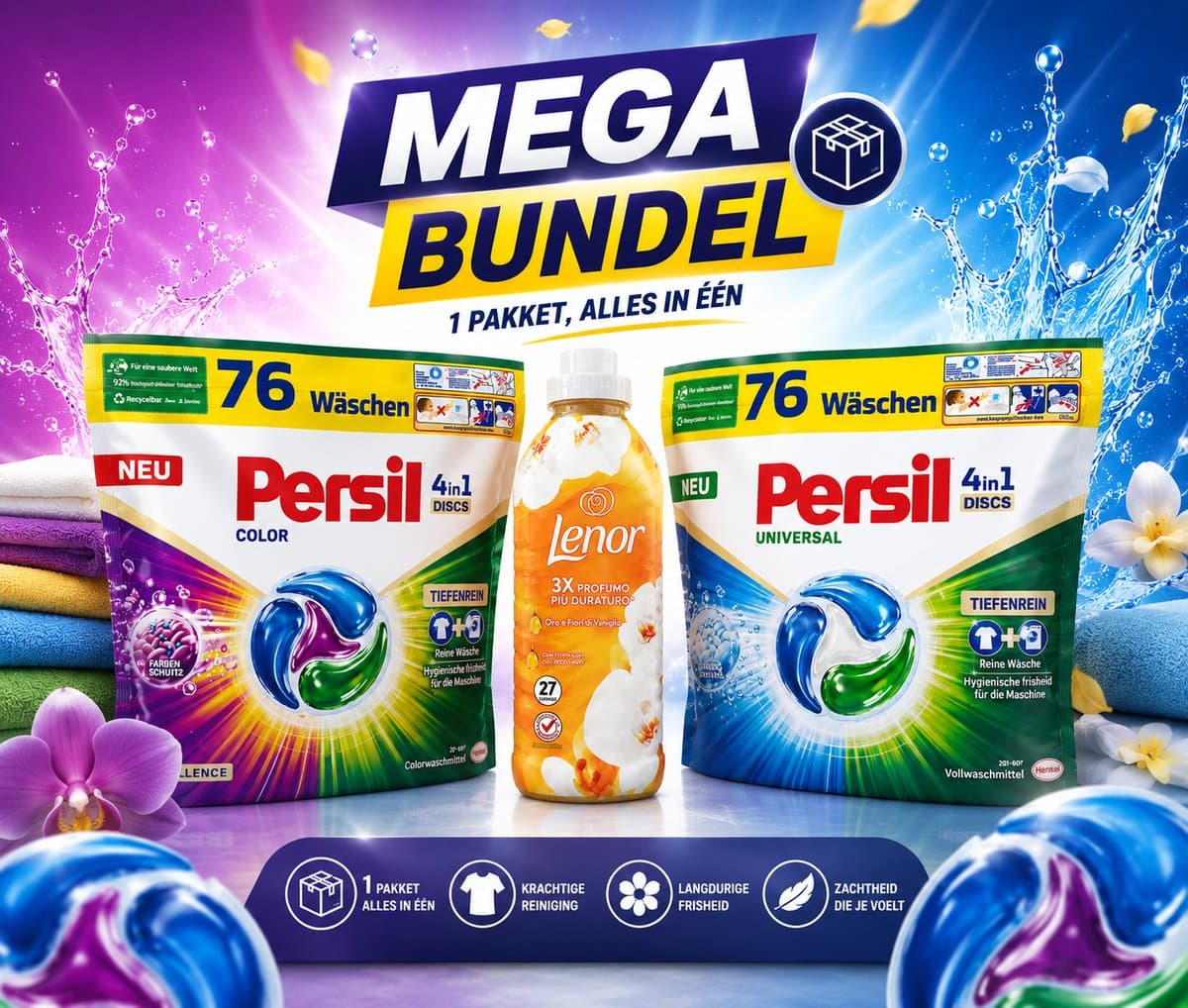 Persil 4in1 Discs Color & Universal + Lenor Wasverzachter – Mega Bundel – 2 x 76 Wasbeurten Persil – 152 Wasbeurten – Complete Wasverzorging — afbeelding 1