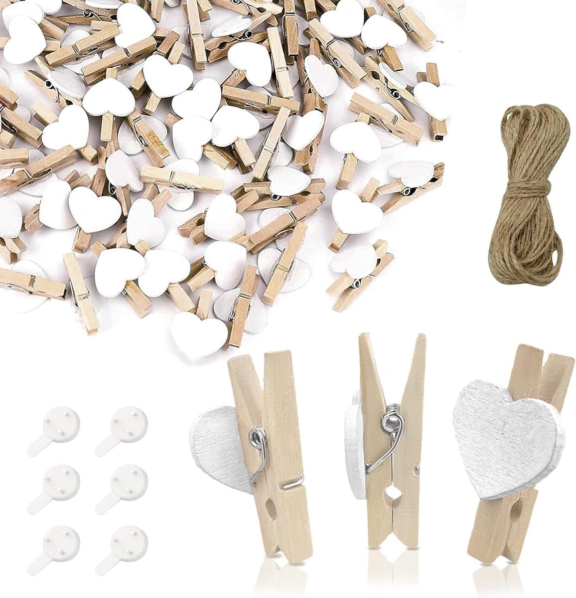 SnelShoppen - Andiker Mini Houten Clips met Jute Touw, 50 Stuks Decoratieve Klemmen voor Foto's, Kaarten, Bruiloften en Feestjes, Natuurlijke Houtkleu — afbeelding 1