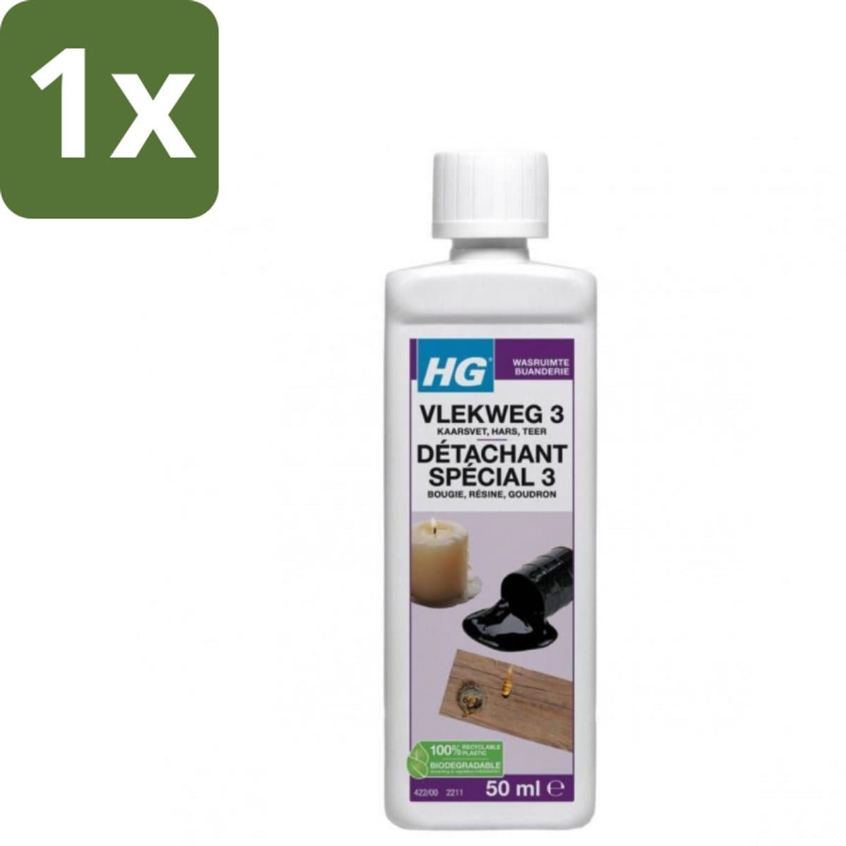 1 x HG - Wasruimte - Vlekweg 3 - Kaarsvet, Hars & Teer - 50 ml - Vlekken Verwijderen - Kaarsvet Verwijderen - Teer Verwijderen - Hars Verwijderen - Textiel Reinigen — afbeelding 1