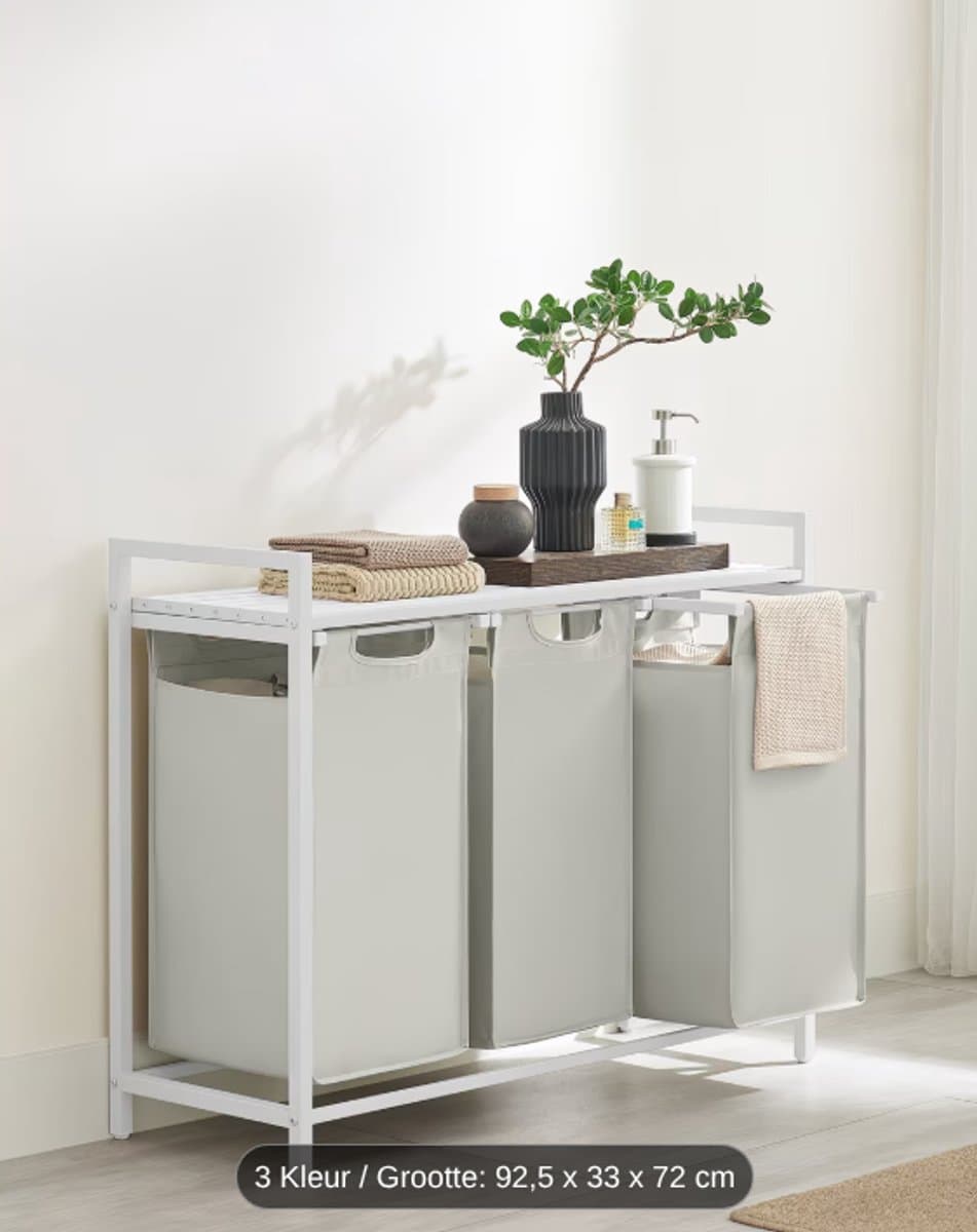 Wasmand 3 Vakken, Wasverzamelaar met Plank, Wasdoos, Oxford Doek Waszak Afneembaar, Metalen Frame, 3 x 38 L, 92.5 x 33 x 72 cm, Vintage Duifgrijs — afbeelding 1