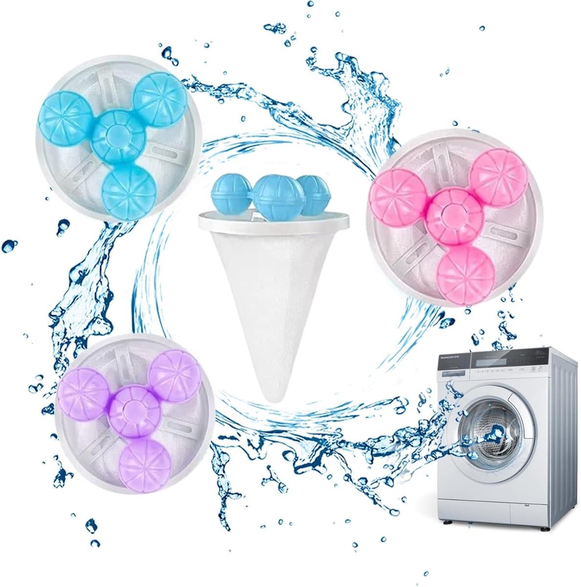 Wasmachinehaaropvangzakjes - 4 stuks - Wasmachinehaarfilter - Met 4 drijvende balletjes - Herbruikbaar - Verwijdert huisdierhaar uit wasgoed - 17 x 9,5 cm - Blauw, Roze, Paars — afbeelding 1