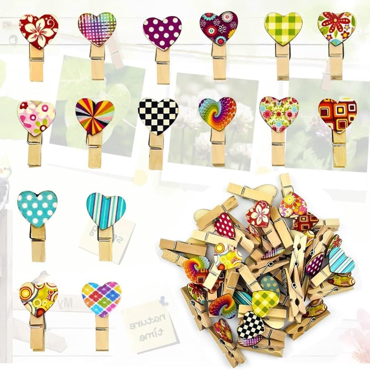 Houten Knijpers - Decoratieve Clips - Foto's Ophangen - Hartvorm Design - 50 Stuks - Kleurrijk — afbeelding 1