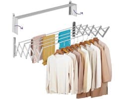SnelShoppen - Uittrekbaar droogrek aan de muur 140 cm, roestvrij, inklapbaar met 5 aluminium buizen, uittrekbaar van 12-80 cm, ruimtebesparend voor bi