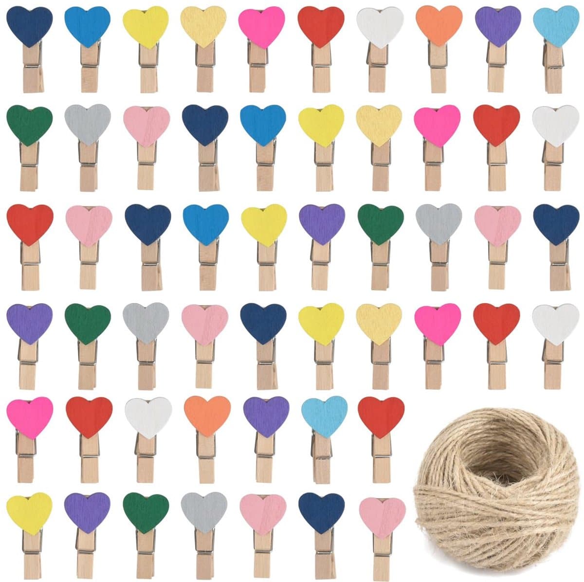 Houten Hart Clips - Kleine Was Knijpers - Foto's Ophangen - Met Metalen Spring - 100 Stuks - Multicolour — afbeelding 1