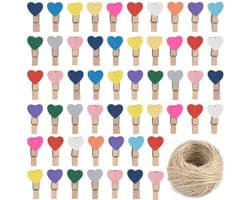 Houten Hart Clips - Kleine Was Knijpers - Foto's Ophangen - Met Metalen Spring - 100 Stuks - Multicolour