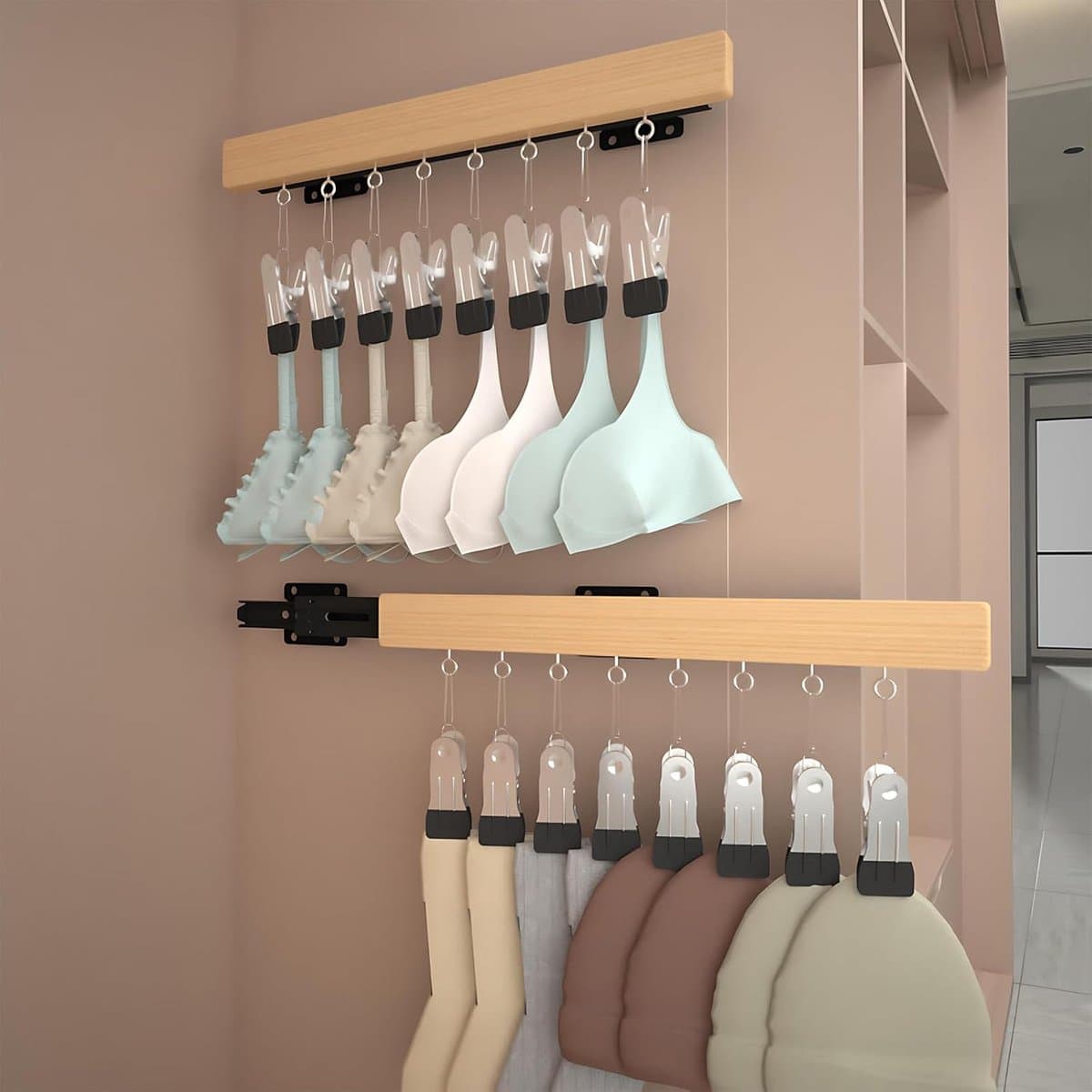 Uitschuifbare kledinghanger - Wandhanger - Met 8 antislipclips - Soepel uitschuifbare kledingkastorganizer - Handig en praktisch - Eenvoudig te installeren - Antislip - Universeel - Geschikt voor sokken, hoeden en broeken - Hout - 1 stuk — afbeelding 1