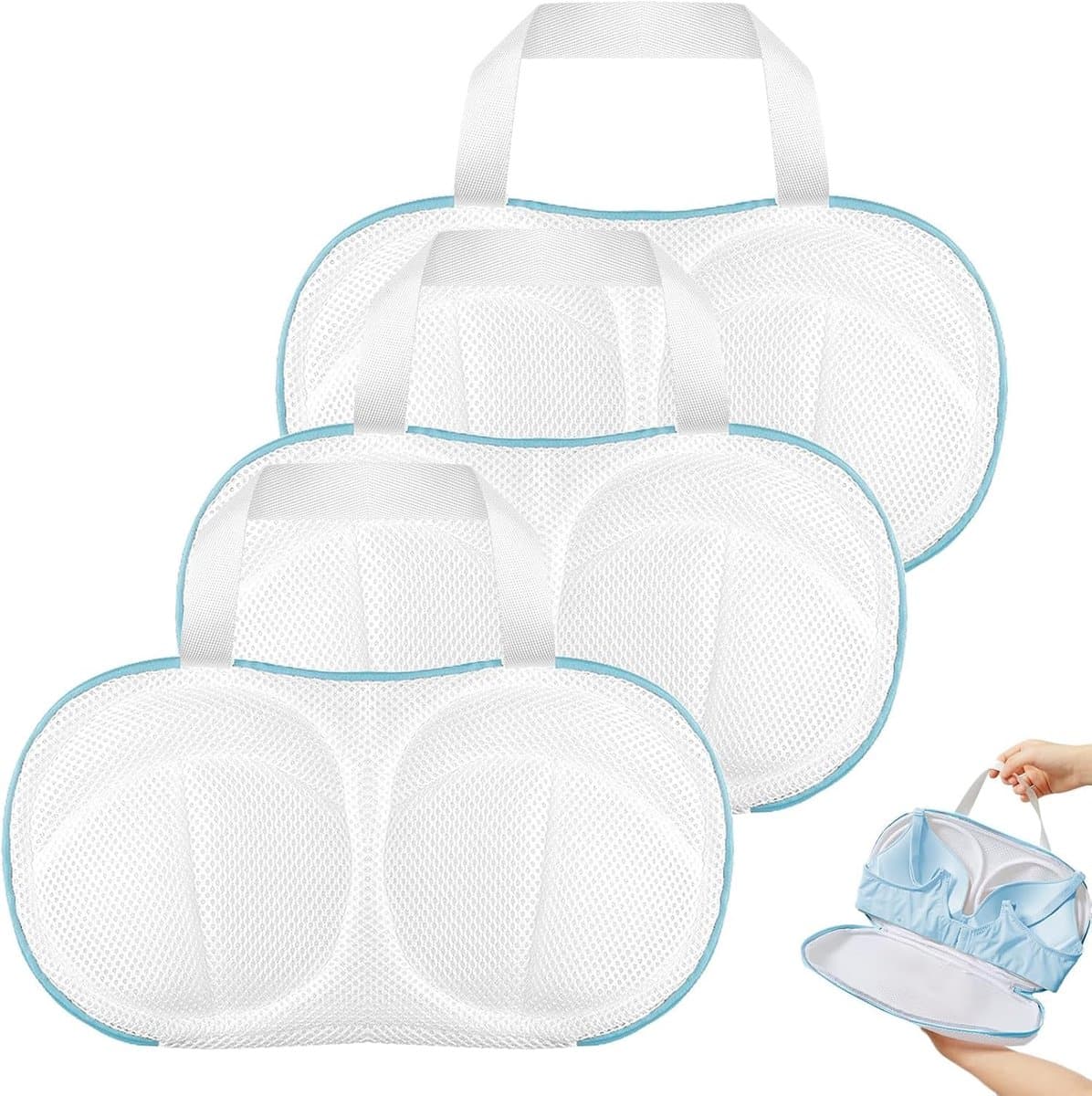 3 stuks - Bh Waszakken - 34 x 20 cm - Lingeriewaszak voor dames - Wasbeschermer voor bh's in de wasmachine - Waszak van mesh - Waszak - Vormvast - Herbruikbaar - Kledingbescherming - Speciaal ontworpen voor delicate lingerie - Blauw — afbeelding 1