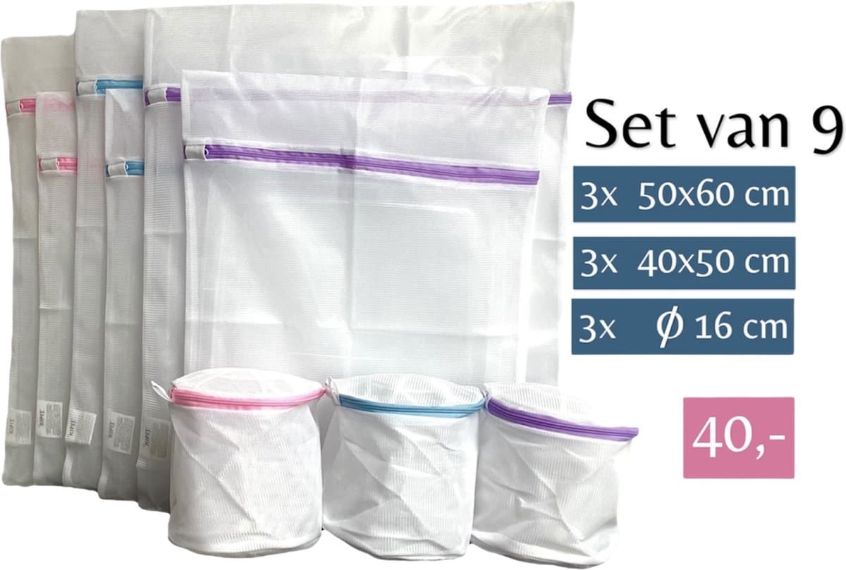 Waszak - Wasnetten met rits - Set van 9 - 60 x 50 cm - 50 x 40 cm - Ø 16 cm - Incl. verzenden - Ritssluiting - Wasnetjes - Washing Bag - Waszakken - Wasnet lingerie bh - Transparant - Wit - 100% polyester - Bescherm je wasgoed en wasmachine — afbeelding 1