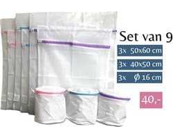 Waszak - Wasnetten met rits - Set van 9 - 60 x 50 cm - 50 x 40 cm - Ø 16 cm - Incl. verzenden - Ritssluiting - Wasnetjes - Washing Bag - Laundry - Waszakken - Wasnet lingerie bh - Transparant - Wit - 100% polyester - Bescherm je wasgoed en wasmachine