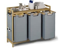 Xbro Wasmand 3 vakken – 125L/mand – Stoffen Wassorteerder met Bamboe houten frame – Met 3 zij-opbergvakken – 94 × 33 × 78 cm (B × D × H) — afbeelding 1