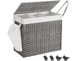 Wasmand met 3 Vakken & Deksel – Grijs Rotan Look – Met Wieltjes & Zijvak – Uitneembare Waszakken – 160L